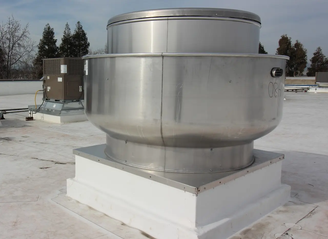 Stainless rooftop exhaust fan installed by T3 Mechanical on a Bay Area facility